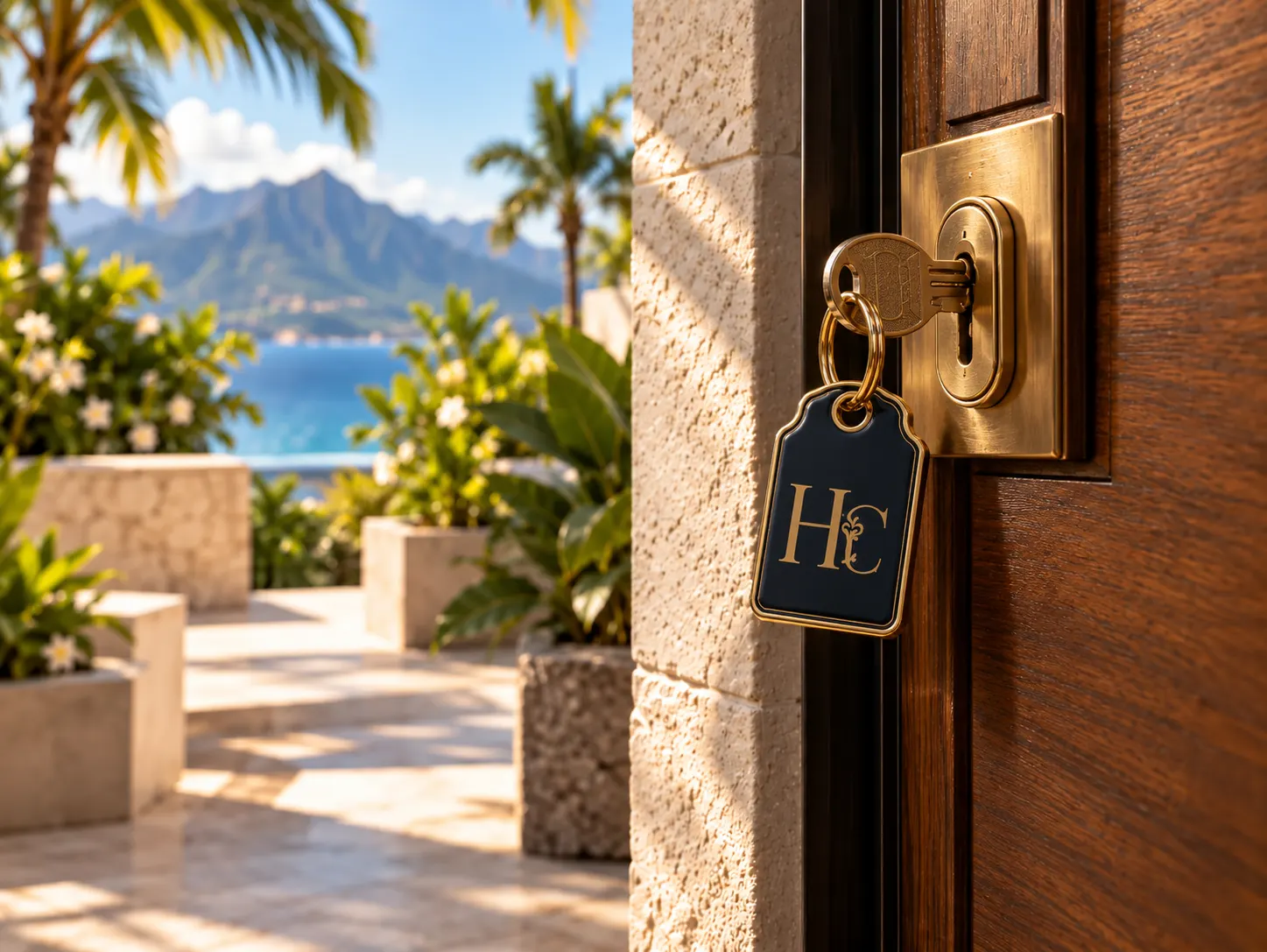 Porte en bois avec une clé et un porte-clés HC Intendance, jardin tropical en arrière-plan