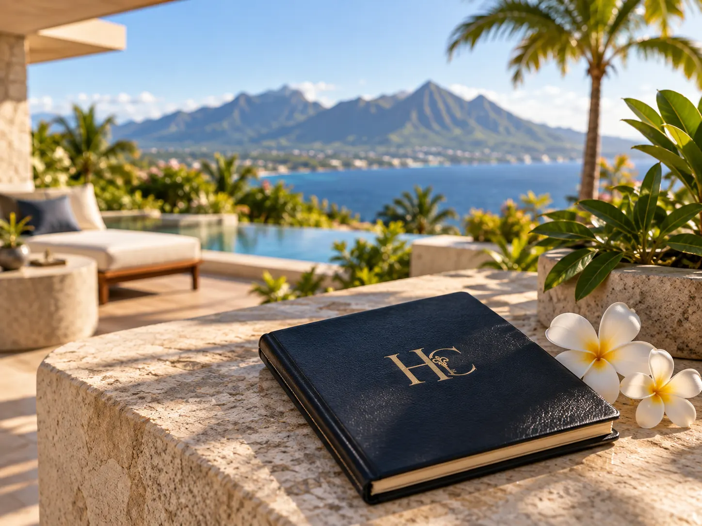Carnet HC Intendance et fleurs de frangipanier sur une terrasse