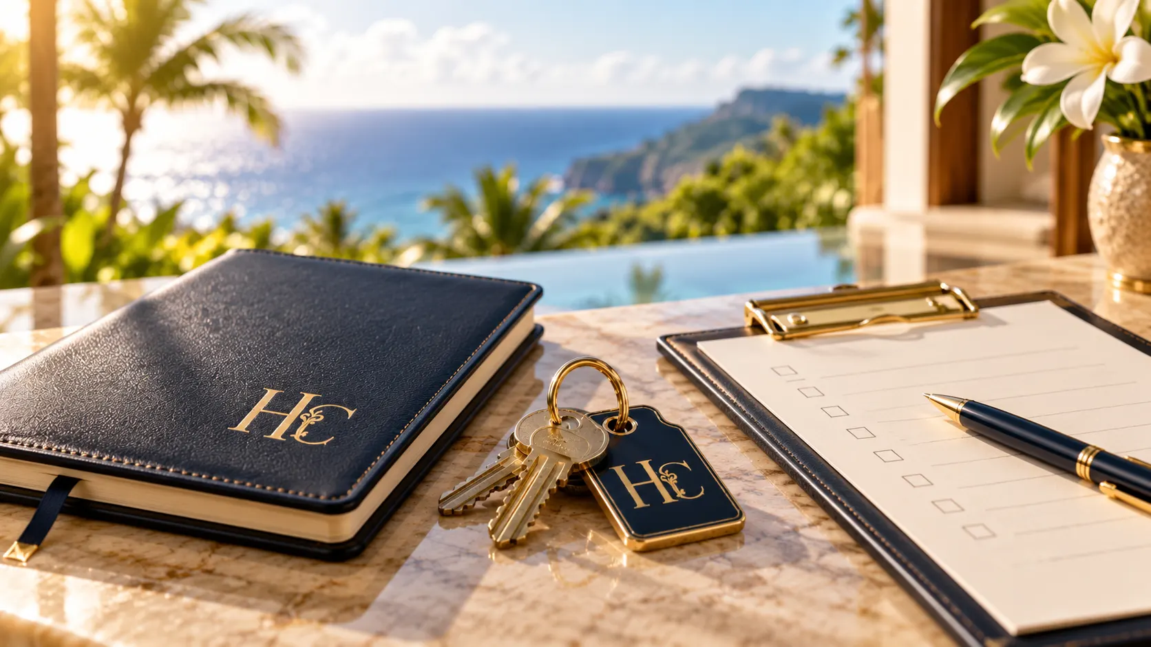 Carnet HC Intendance, clés et liste de contrôle sur une table face à la montagne
