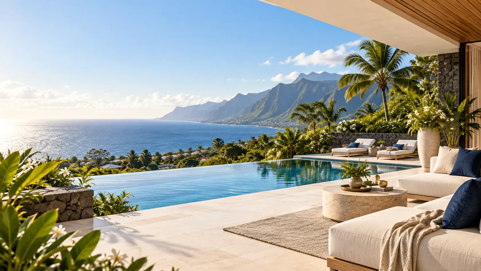 Terrasse avec piscine à débordement face à l’océan